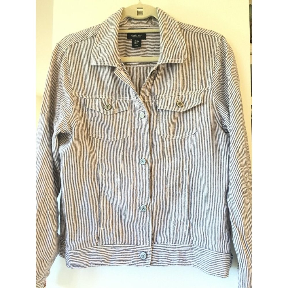 JNY Jones New York Women's 100% Linen Button Front Striped blwht Jacket Medium